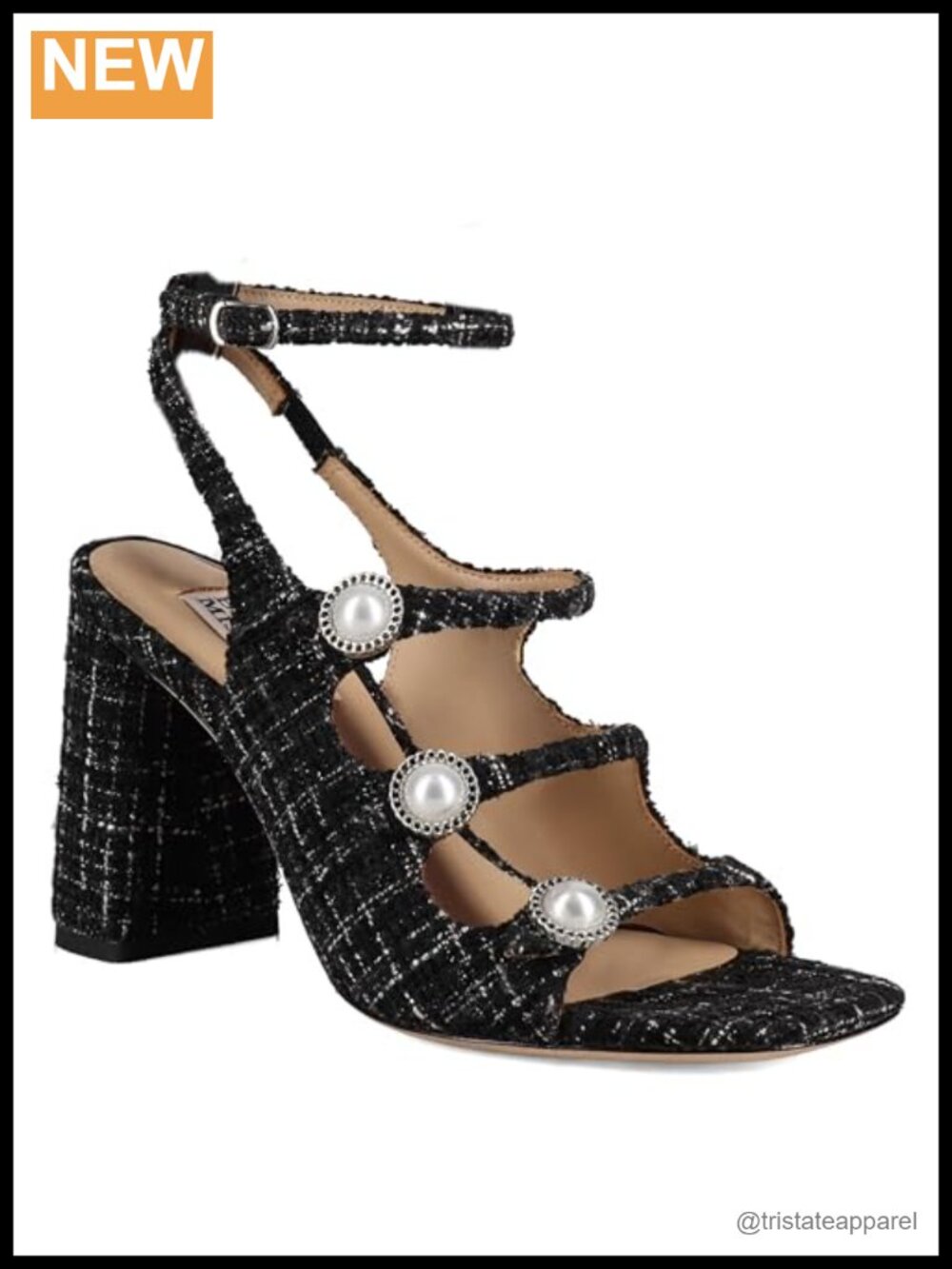 Women's Black Tweed Lace Up Block Heel Sandals